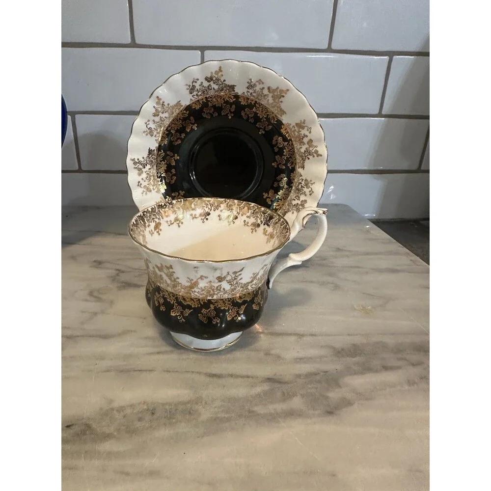 ROYAL ALBERT “Regal Series” Black White & Gold Bone China Footed Cup And Saucer